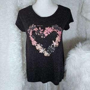 AMERICAN EAGLE MARBLED BLACK & FLORAL PINK HEART TEE-SHIRT SZ.XS EUC